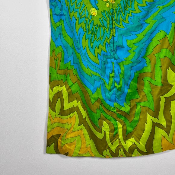 Vintage 1960s Psychedelic Shift Dress Blue Green Yellow Floral Tropical Print - Picture 15 of 16